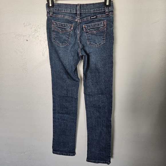 Wrangler Girls 10 Regular Medium Dark Wash Bootcut Denim Pink Stitching Western - Picture 1 of 6